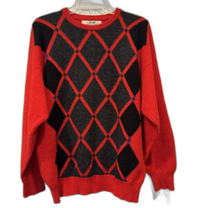 Vintage Pringle of Scotland Sweater Argyle Wool Crewneck Red Black Mens Medium